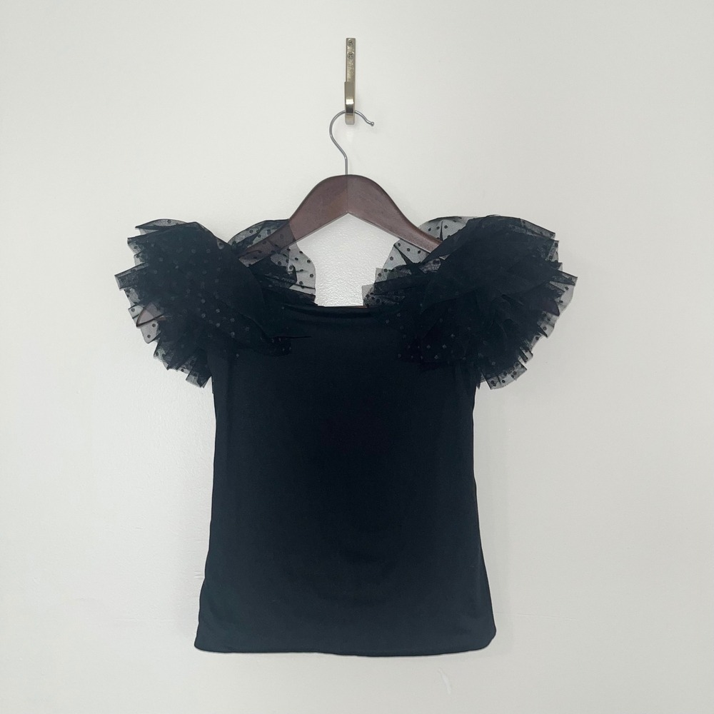 G by Giuliana‎ Black Lace Tulle Flutter Sleeve Top XS